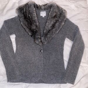 Anthropologie Gray Cardigan with Plush Fur Collar